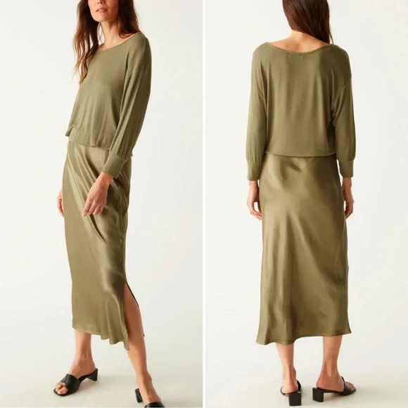 Michael Stars Nadia Mixed Fabric Satin Midi Dress in Olive Green, Size S - Picture 3 of 12